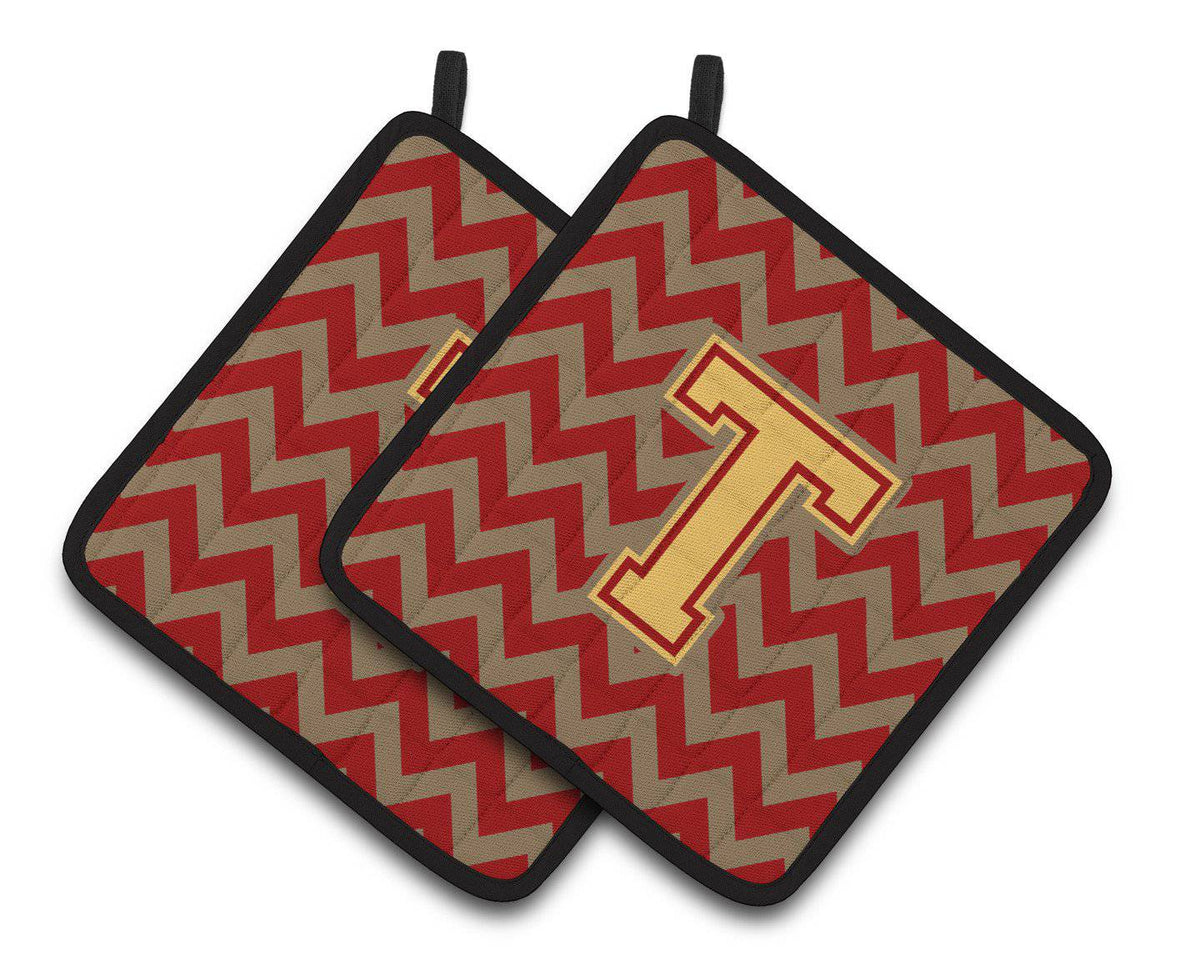 Letter T Chevron Garnet and Gold  Pair of Pot Holders CJ1048-TPTHD - the-store.com