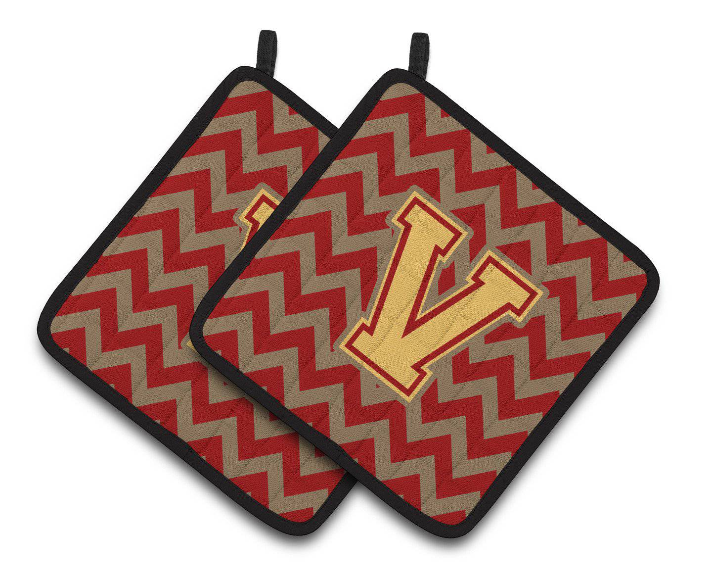 Letter V Chevron Garnet and Gold  Pair of Pot Holders CJ1048-VPTHD - the-store.com