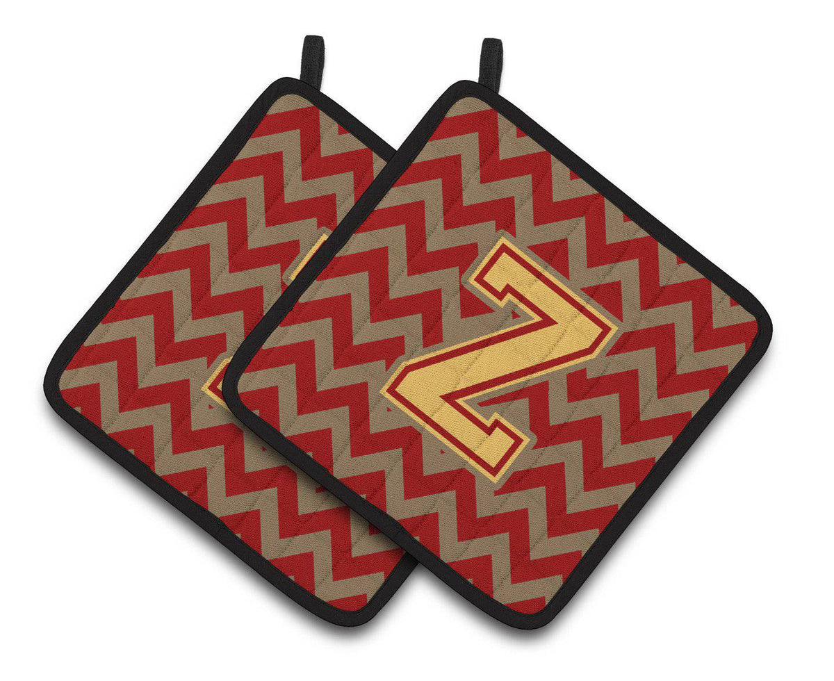 Letter Z Chevron Garnet and Gold  Pair of Pot Holders CJ1048-ZPTHD - the-store.com