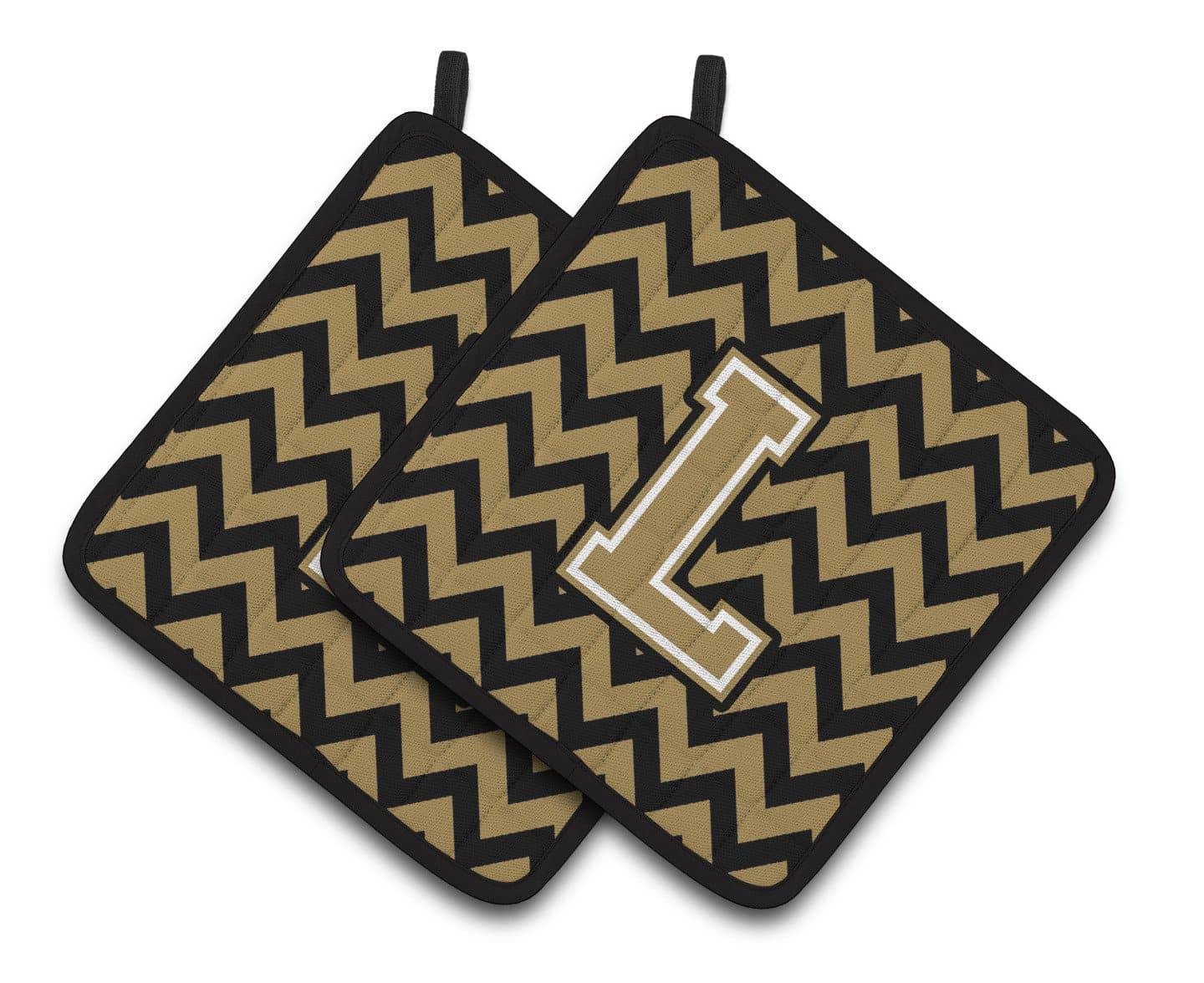 Letter L Chevron Black and Gold  Pair of Pot Holders CJ1050-LPTHD - the-store.com