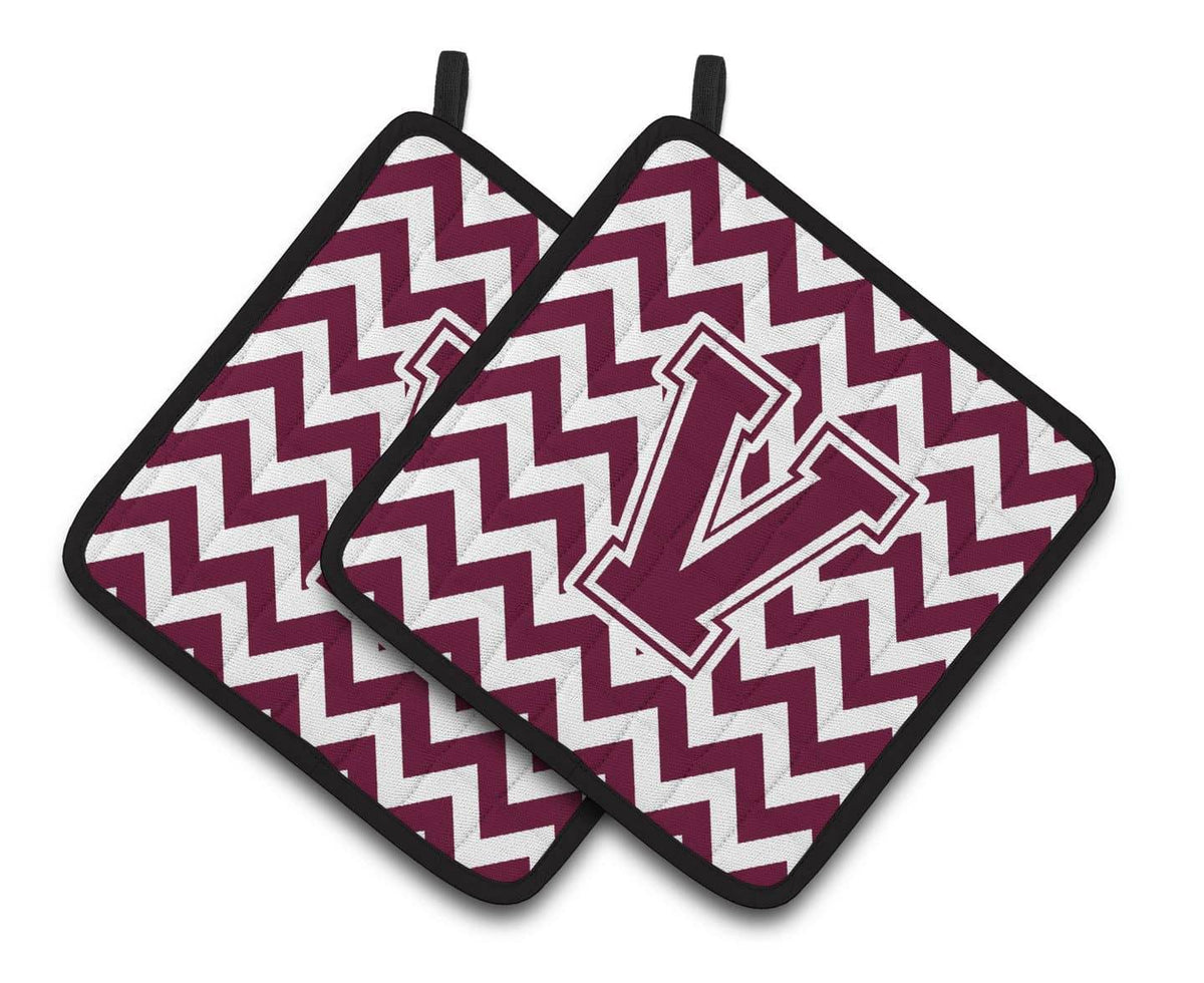 Letter V Chevron Maroon and White  Pair of Pot Holders CJ1051-VPTHD - the-store.com