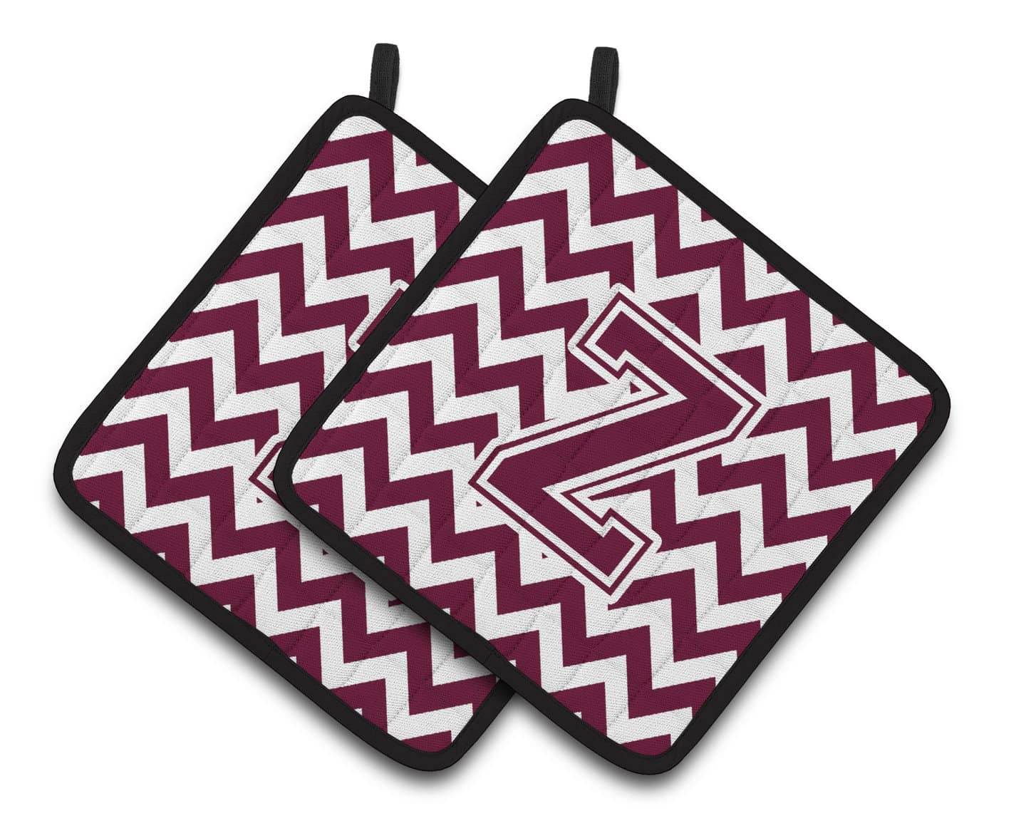 Letter Z Chevron Maroon and White  Pair of Pot Holders CJ1051-ZPTHD - the-store.com