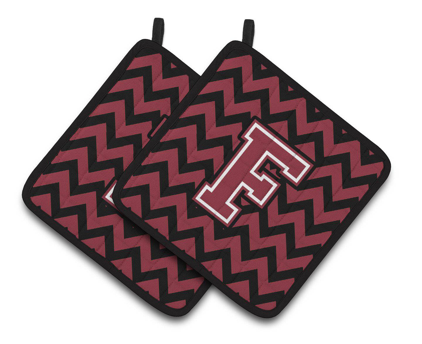 Letter F Chevron Garnet and Black  Pair of Pot Holders CJ1052-FPTHD - the-store.com