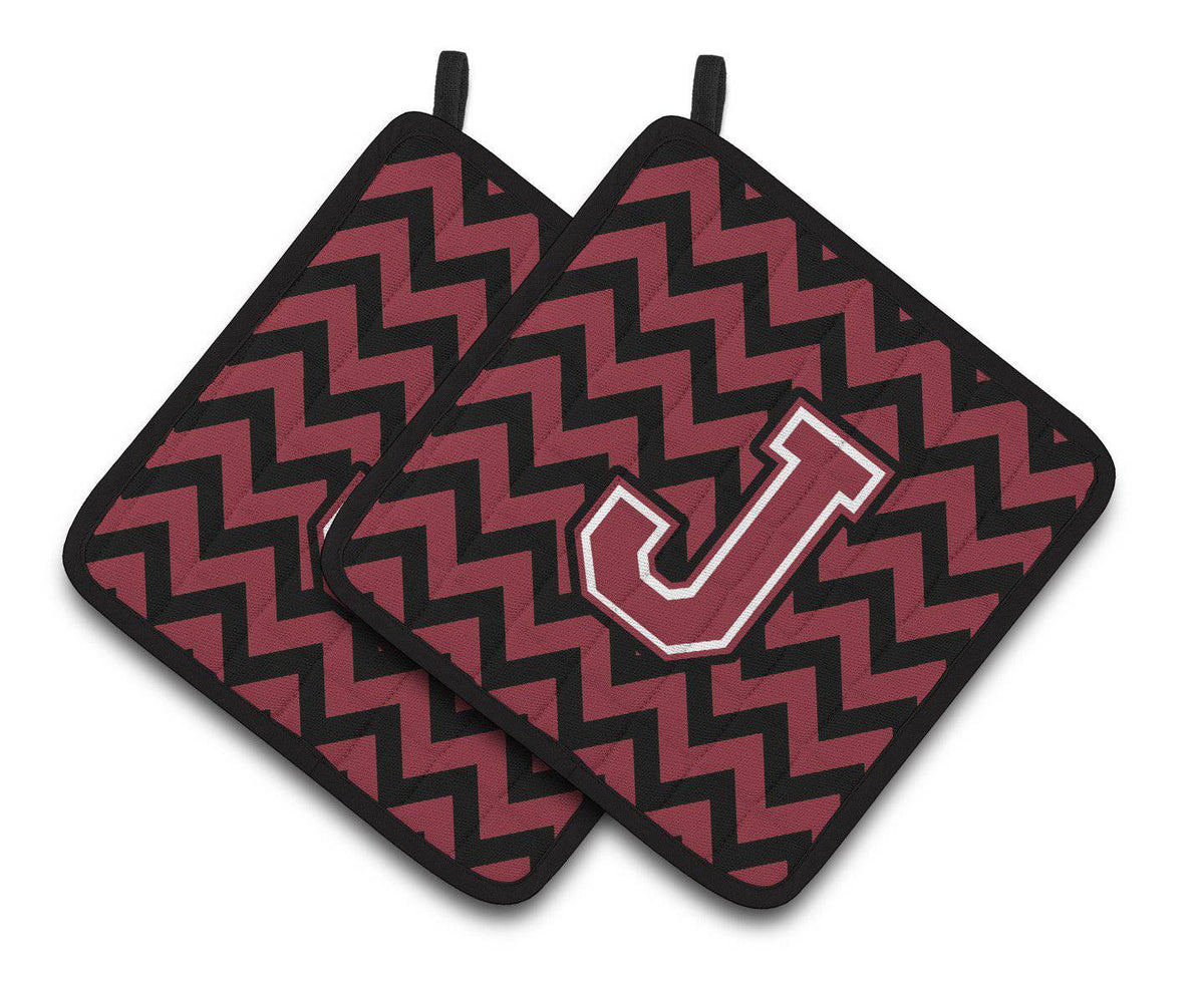 Letter J Chevron Garnet and Black  Pair of Pot Holders CJ1052-JPTHD - the-store.com