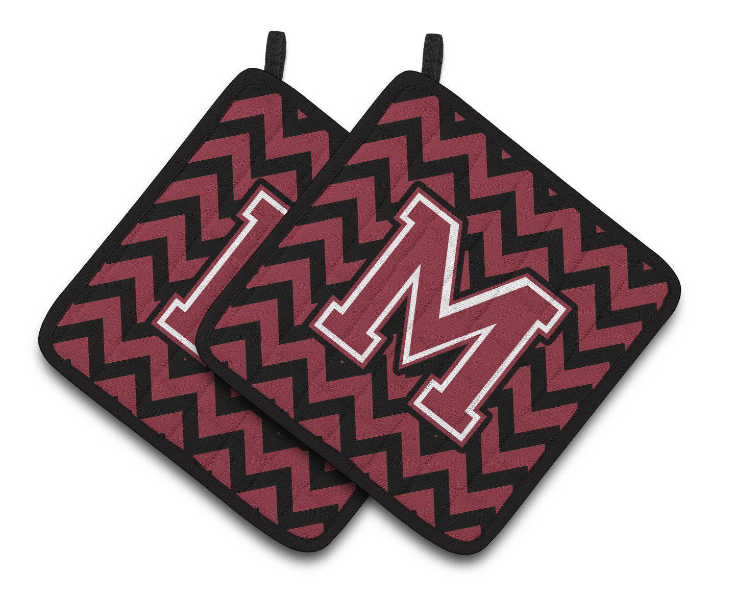 Letter M Chevron Garnet and Black  Pair of Pot Holders CJ1052-MPTHD - the-store.com