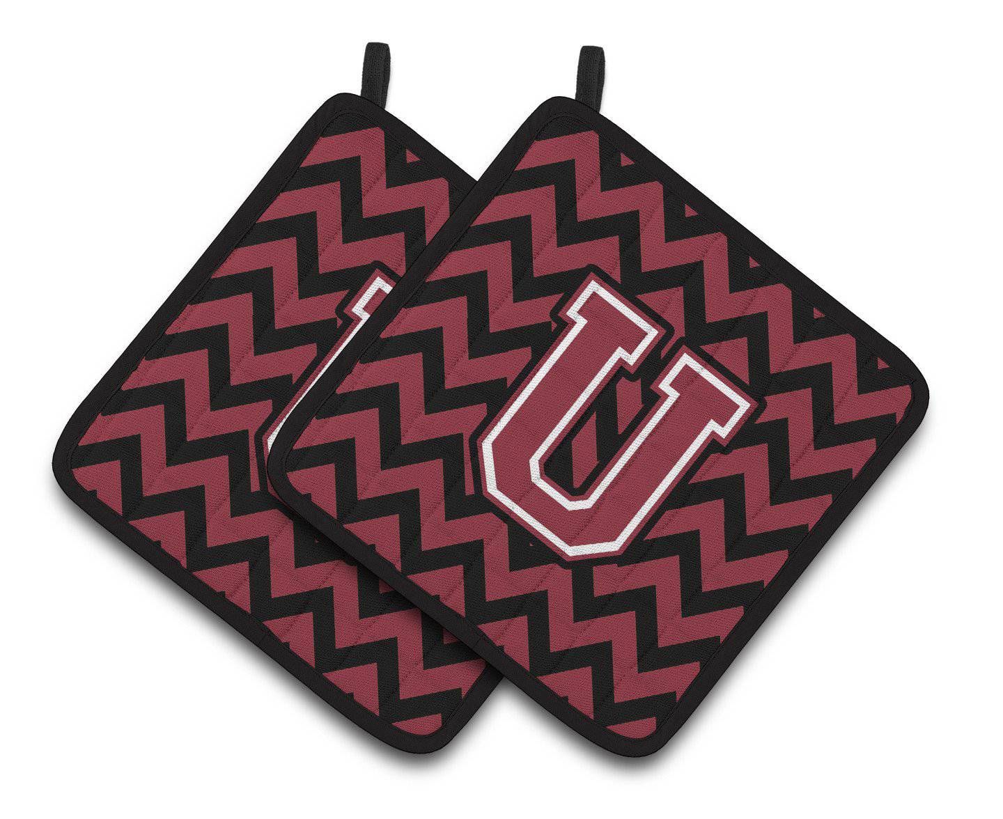 Letter U Chevron Garnet and Black  Pair of Pot Holders CJ1052-UPTHD - the-store.com