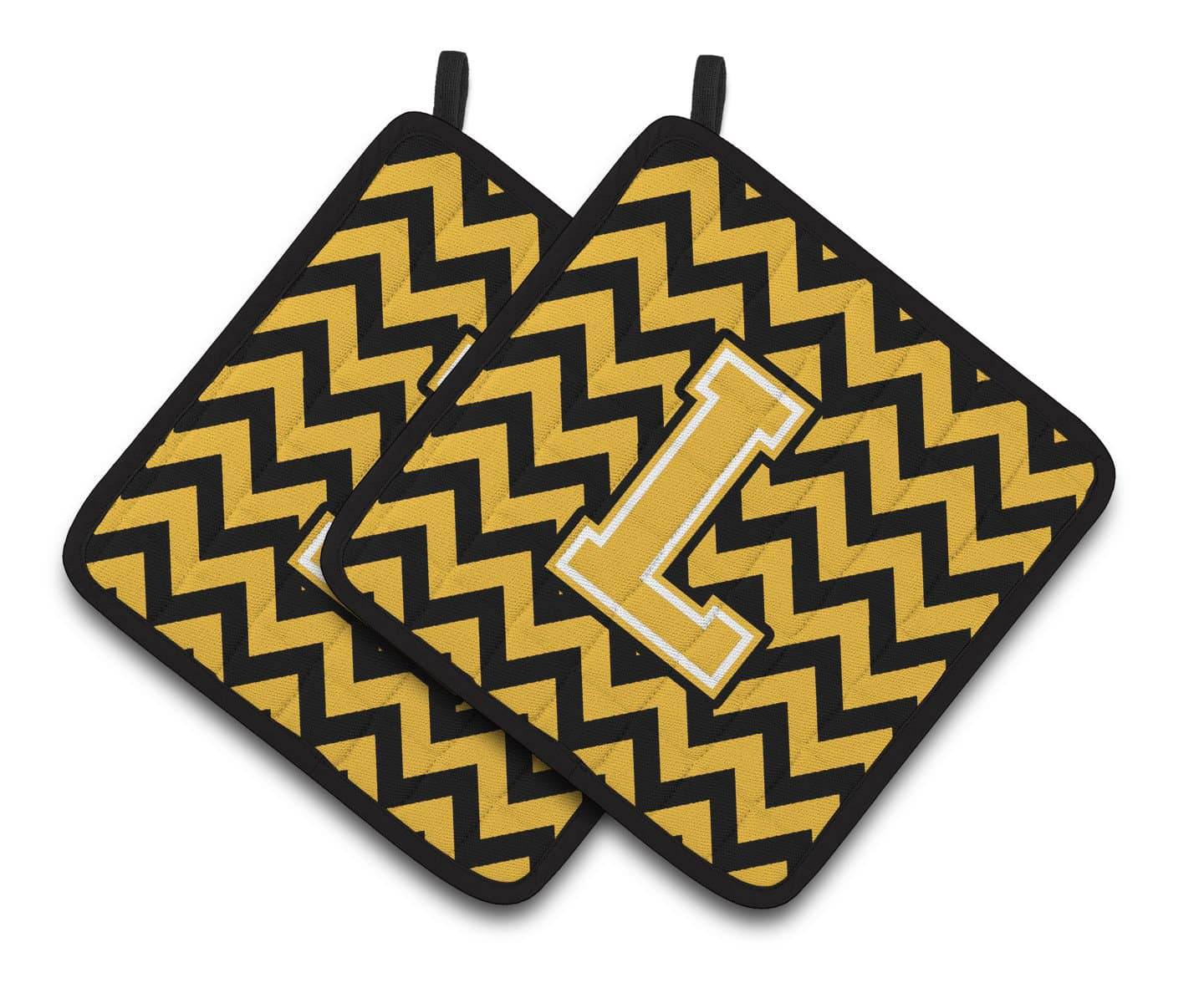 Letter L Chevron Black and Gold Pair of Pot Holders CJ1053-LPTHD - the-store.com