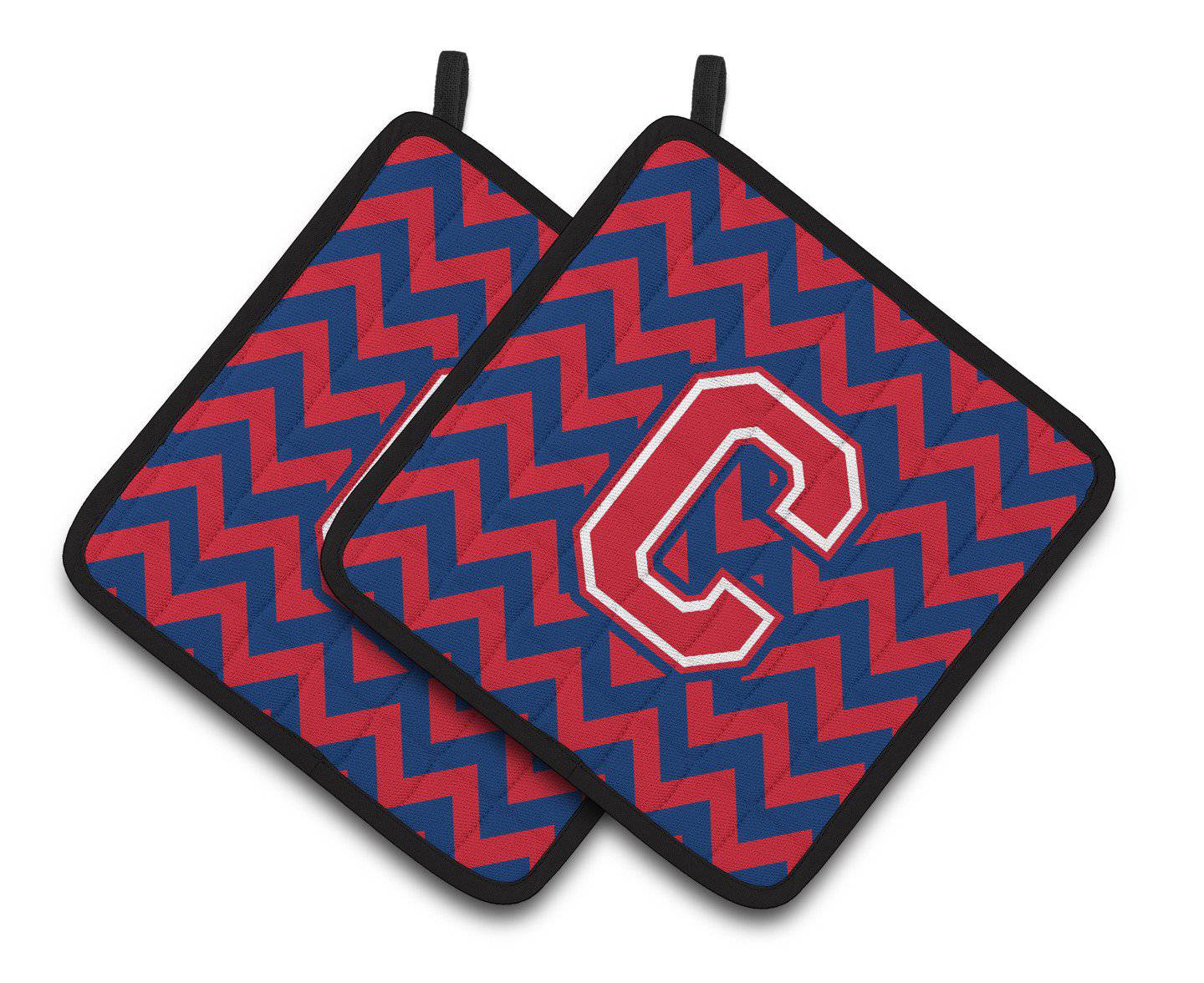 Letter C Chevron Yale Blue and Crimson Pair of Pot Holders CJ1054-CPTHD - the-store.com