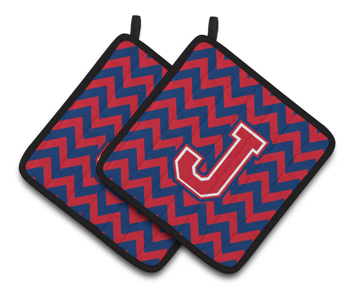 Letter J Chevron Yale Blue and Crimson Pair of Pot Holders CJ1054-JPTHD - the-store.com