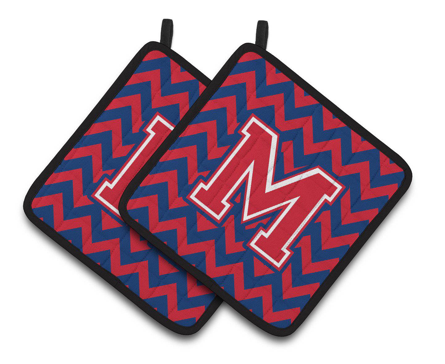 Letter M Chevron Yale Blue and Crimson Pair of Pot Holders CJ1054-MPTHD - the-store.com