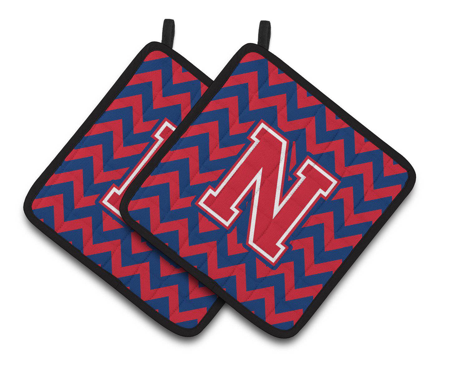 Letter N Chevron Yale Blue and Crimson Pair of Pot Holders CJ1054-NPTHD - the-store.com