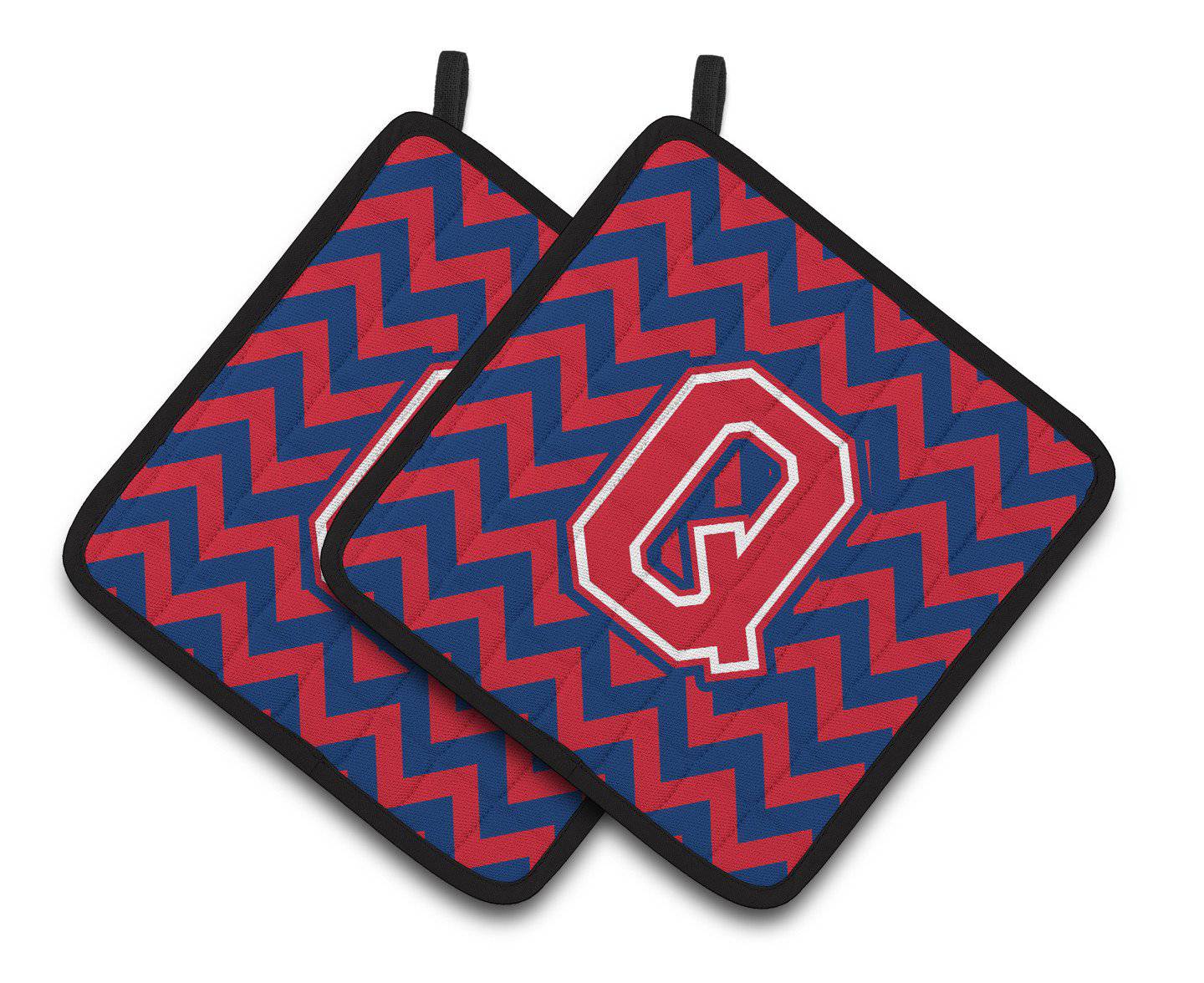 Letter Q Chevron Yale Blue and Crimson Pair of Pot Holders CJ1054-QPTHD - the-store.com