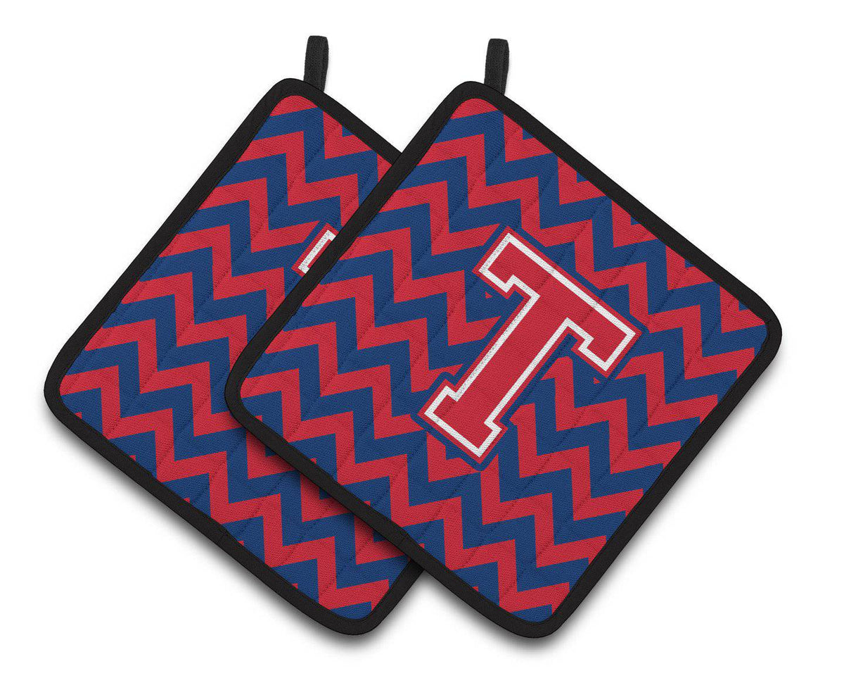 Letter T Chevron Yale Blue and Crimson Pair of Pot Holders CJ1054-TPTHD - the-store.com