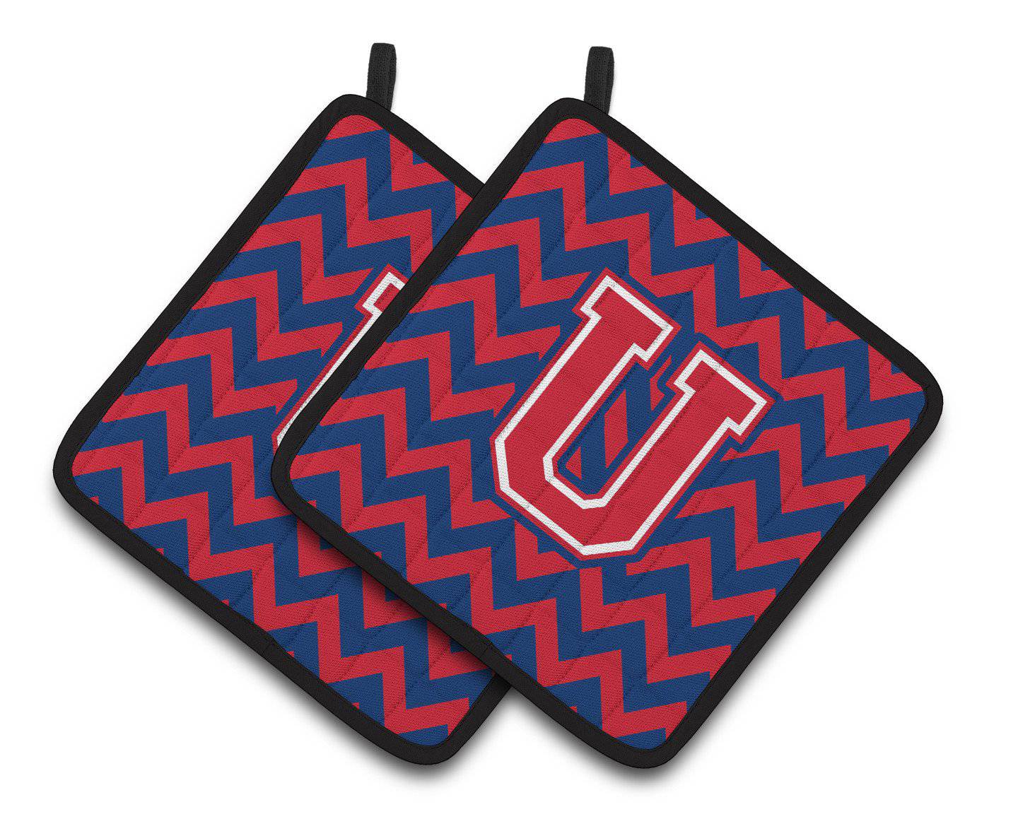 Letter U Chevron Yale Blue and Crimson Pair of Pot Holders CJ1054-UPTHD - the-store.com