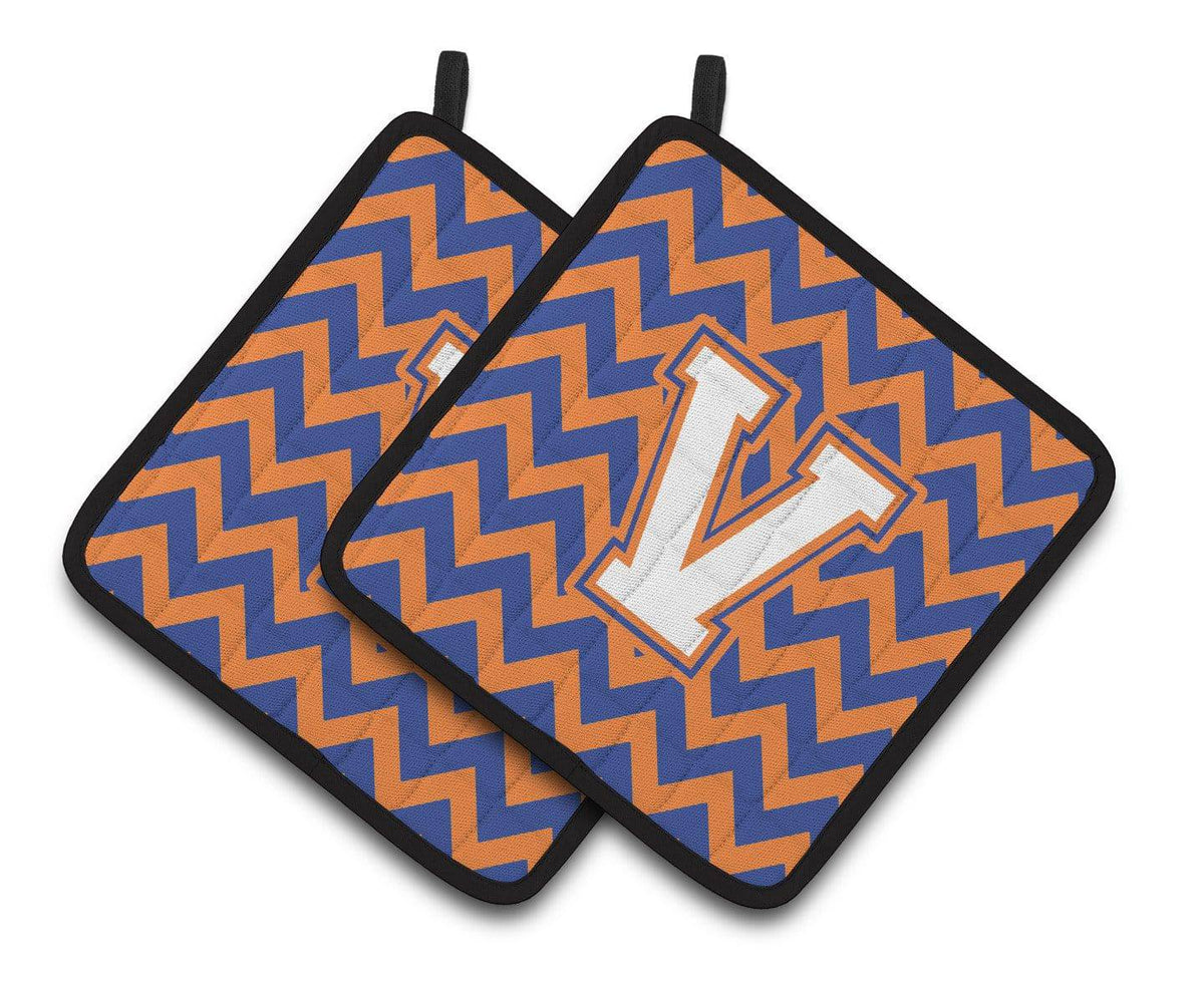 Letter V Chevron Blue and Orange #3 Pair of Pot Holders CJ1060-VPTHD - the-store.com