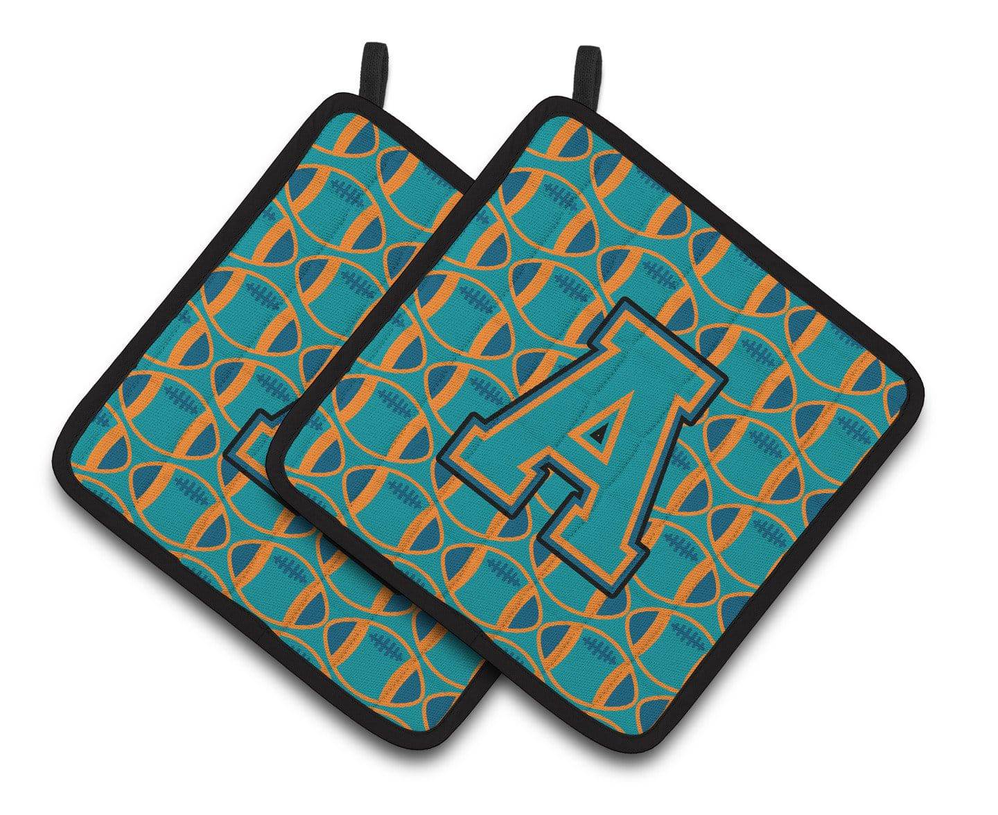 "Letter A Football Aqua, Orange and Marine Blue Pair of Pot Holders CJ1063-APTHD" - the-store.com