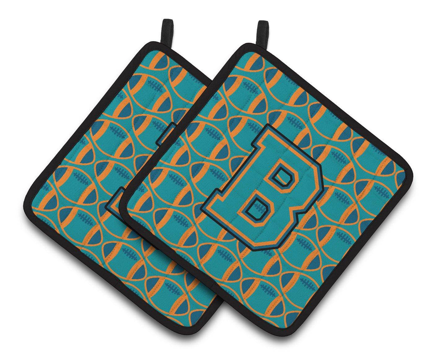 "Letter B Football Aqua, Orange and Marine Blue Pair of Pot Holders CJ1063-BPTHD" - the-store.com