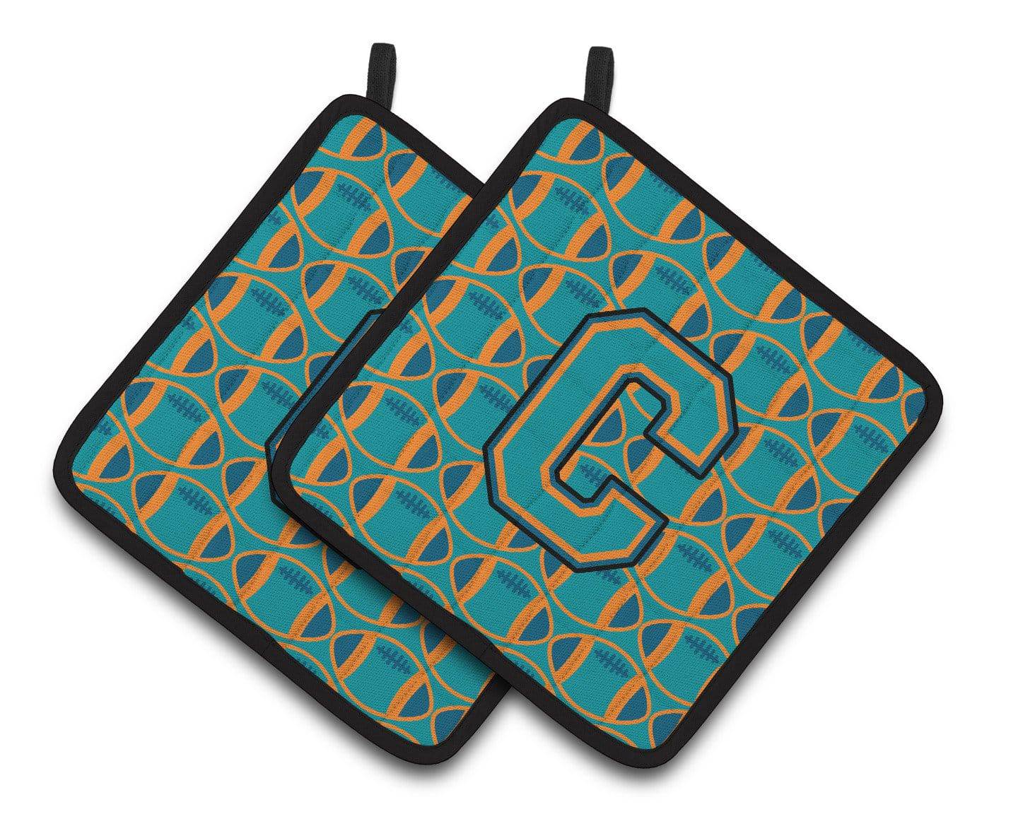 "Letter C Football Aqua, Orange and Marine Blue Pair of Pot Holders CJ1063-CPTHD" - the-store.com