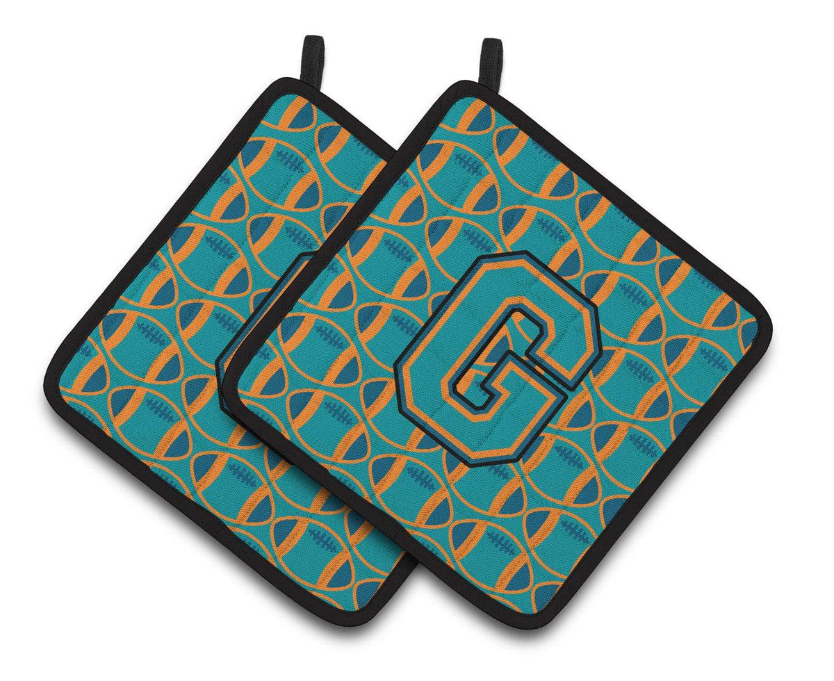 &quot;Letter G Football Aqua, Orange and Marine Blue Pair of Pot Holders CJ1063-GPTHD&quot; - the-store.com