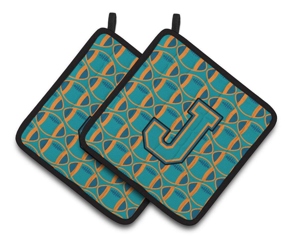 &quot;Letter J Football Aqua, Orange and Marine Blue Pair of Pot Holders CJ1063-JPTHD&quot; - the-store.com