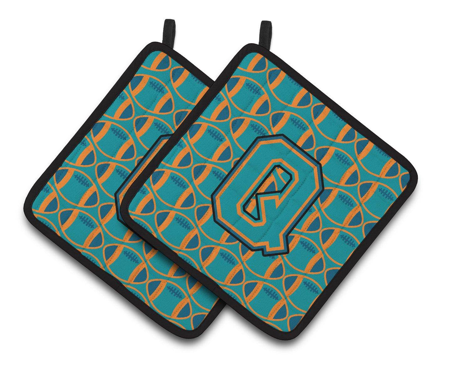 "Letter Q Football Aqua, Orange and Marine Blue Pair of Pot Holders CJ1063-QPTHD" - the-store.com