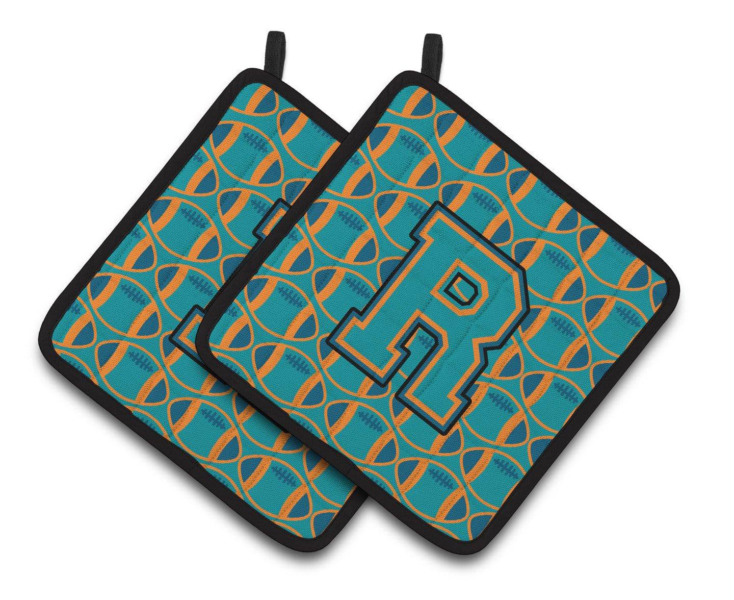 "Letter R Football Aqua, Orange and Marine Blue Pair of Pot Holders CJ1063-RPTHD" - the-store.com