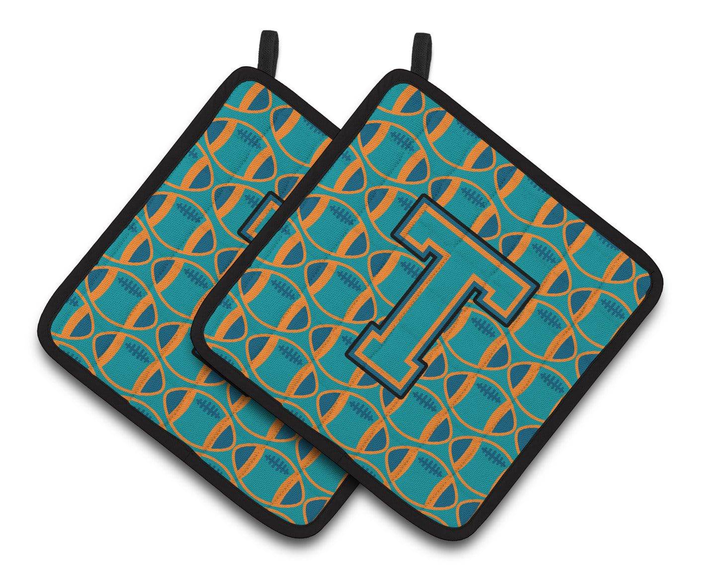 "Letter T Football Aqua, Orange and Marine Blue Pair of Pot Holders CJ1063-TPTHD" - the-store.com