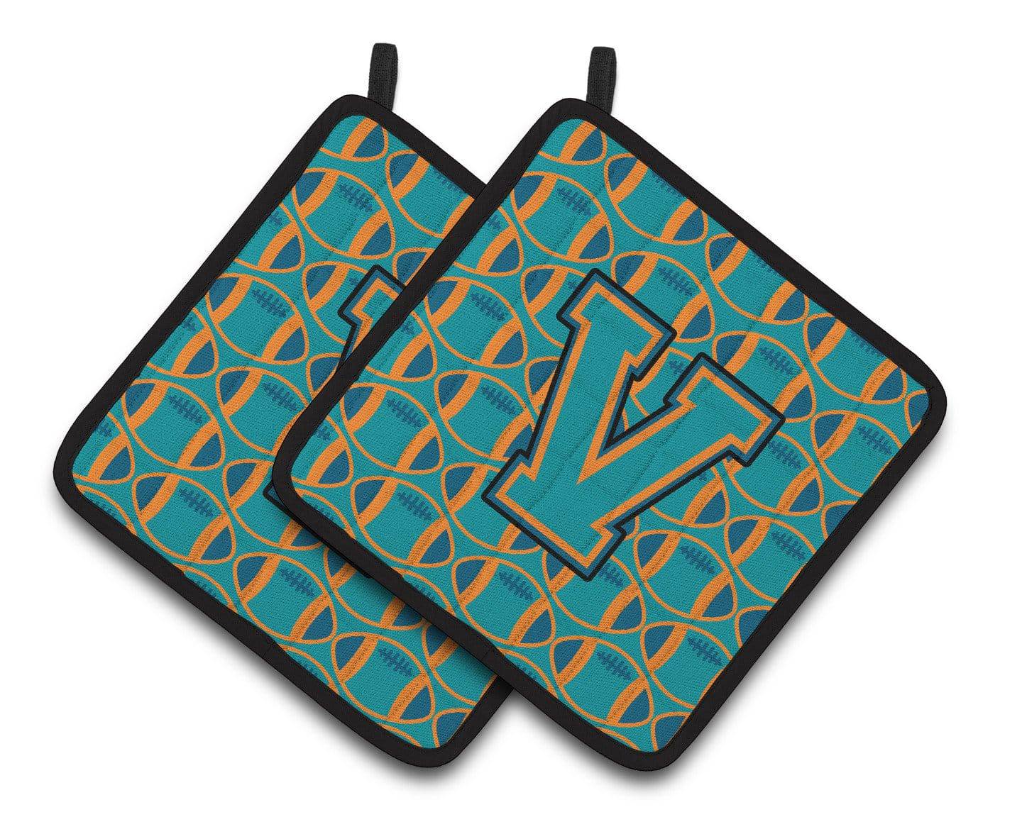 "Letter V Football Aqua, Orange and Marine Blue Pair of Pot Holders CJ1063-VPTHD" - the-store.com