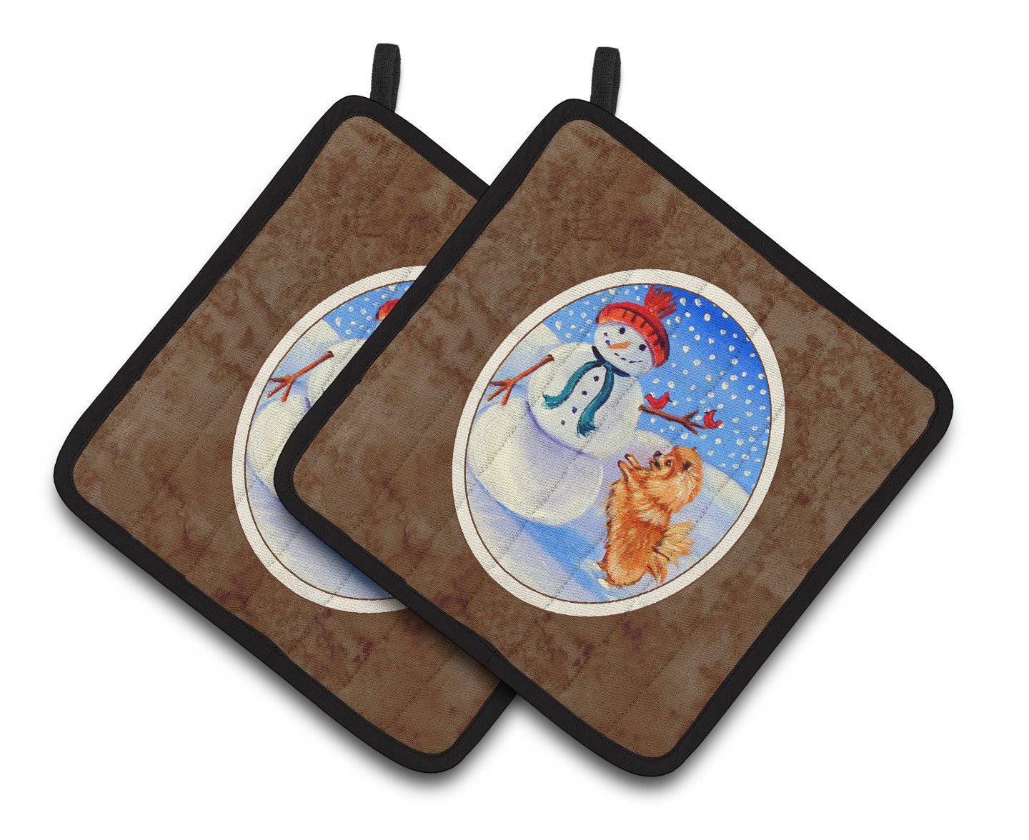 Snowman with Pomeranian Winter Snowman Pair of Pot Holders 7151PTHD - the-store.com