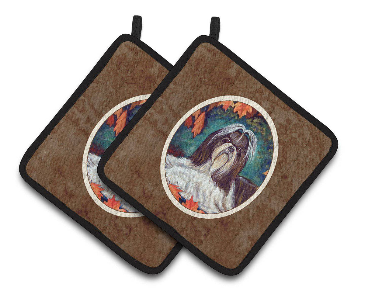 Autumn Leaves Shih Tzu Pair of Pot Holders 7182PTHD - the-store.com