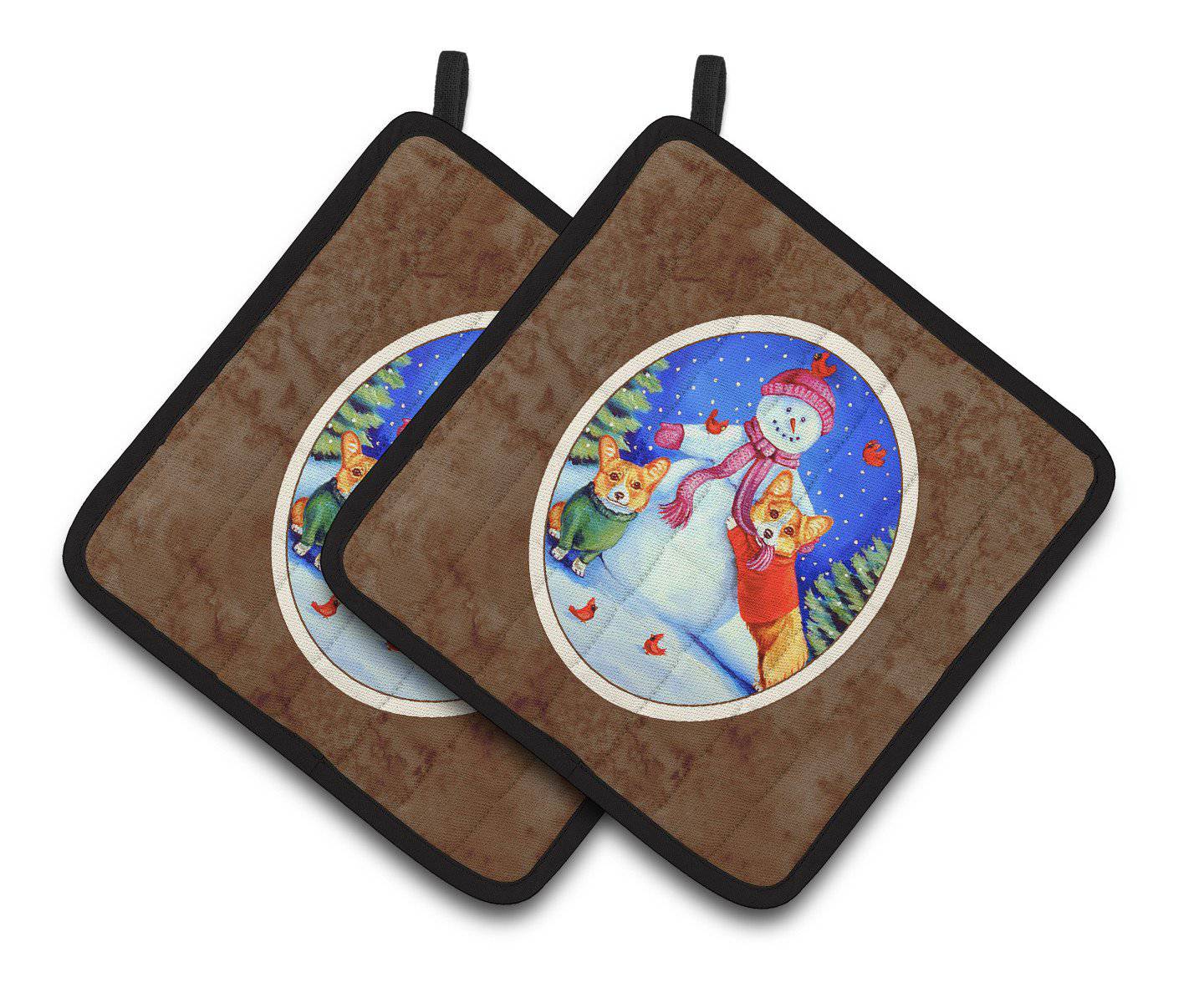 Snowman with Corgi Pair of Pot Holders 7048PTHD - the-store.com