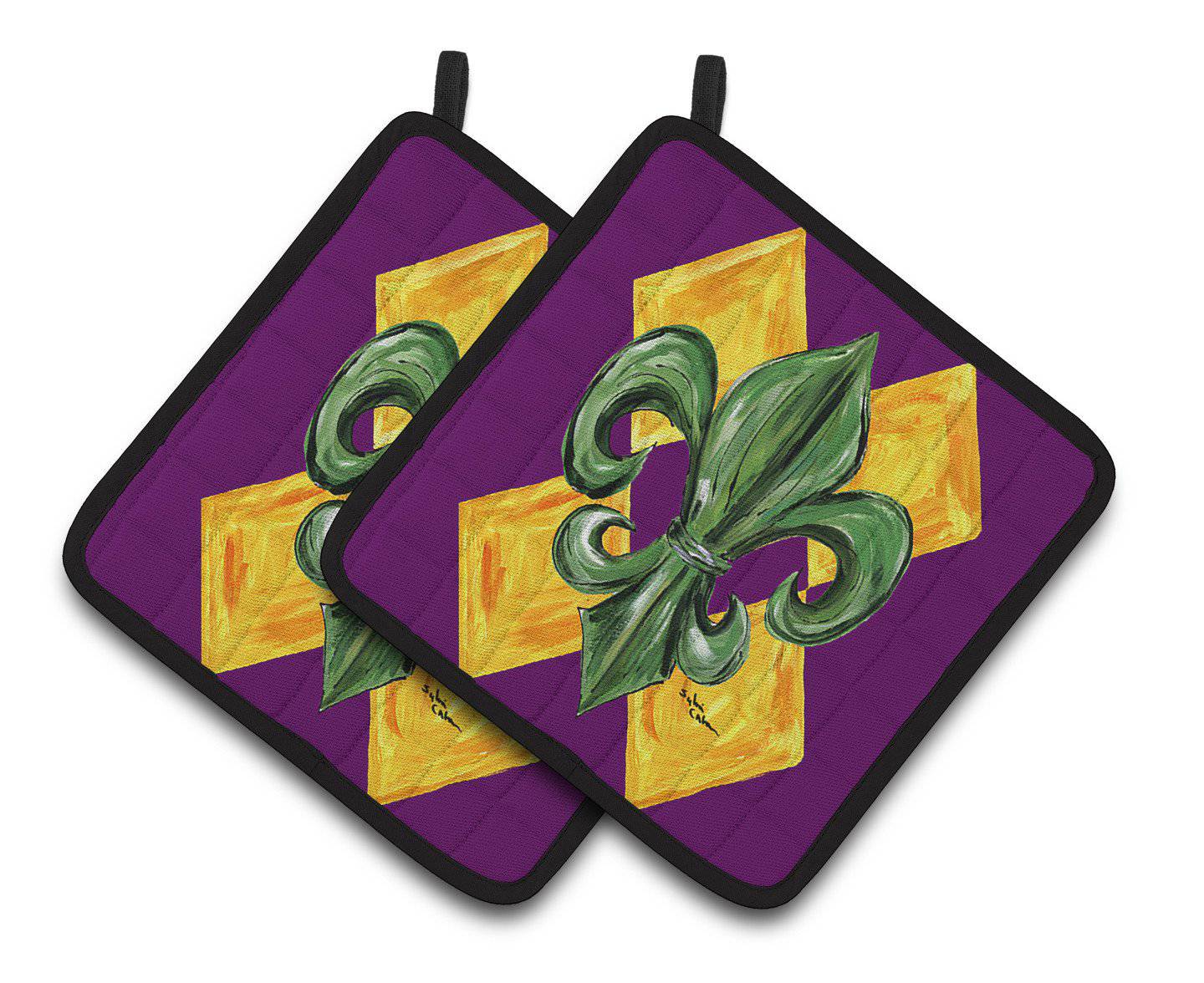 Mardi Gras Fleur de lis Purple Green and Gold Pair of Pot Holders 8133PTHD - the-store.com