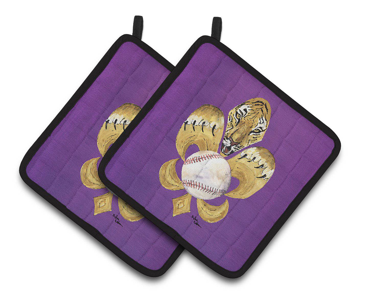 Tiger Fleur de lis Baseball Pair of Pot Holders 8476PTHD - the-store.com