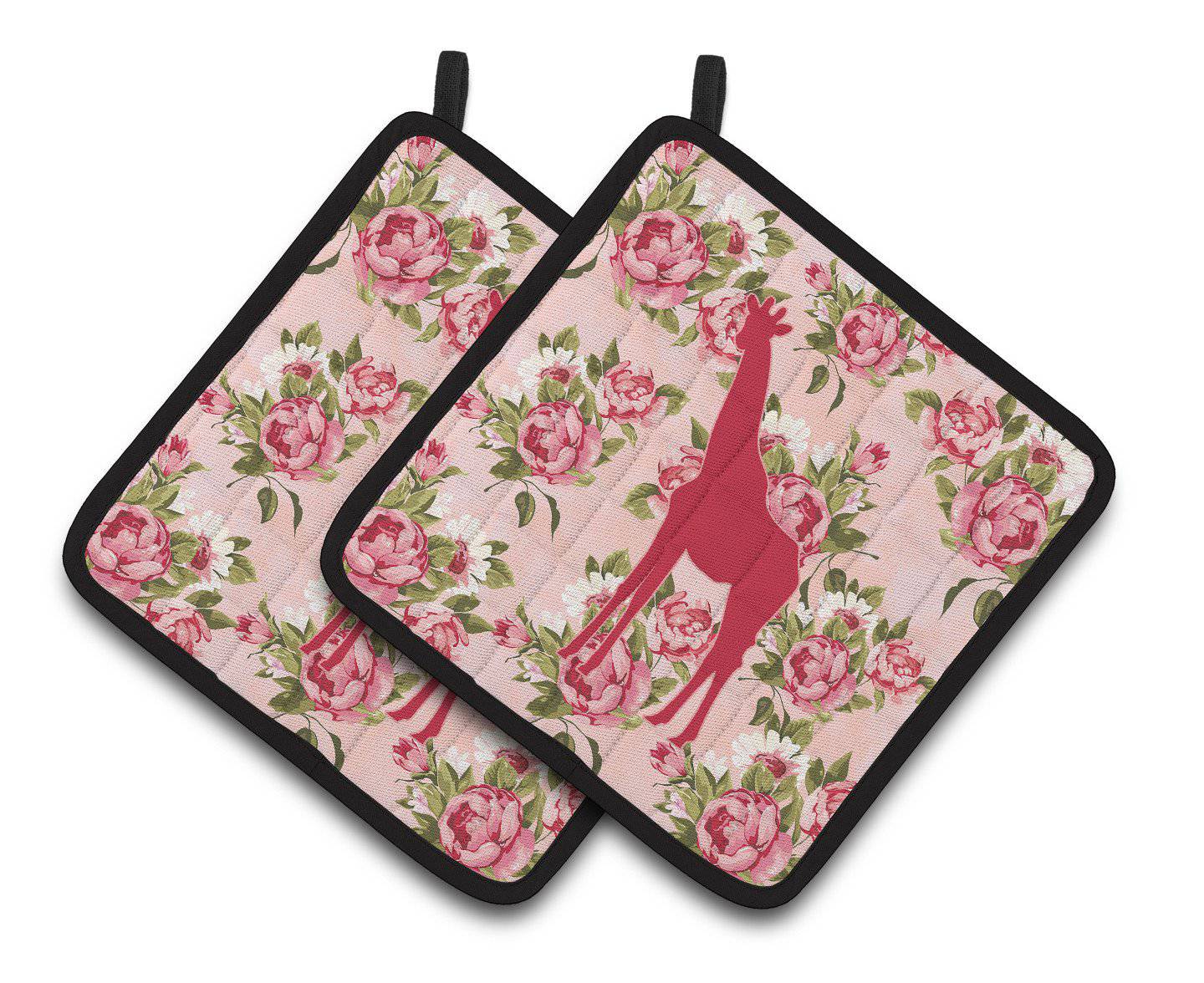 Giraffe Shabby Chic Pink Roses   Pair of Pot Holders BB1001-RS-PK-PTHD - the-store.com