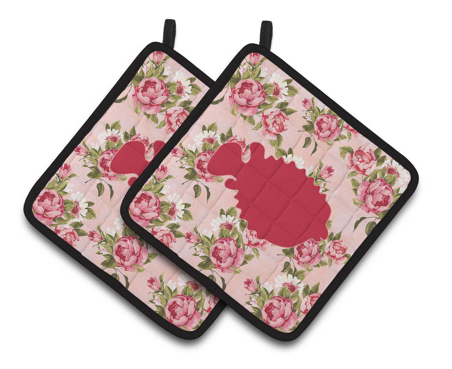 Fish - Blowfish Shabby Chic Pink Roses  Pair of Pot Holders BB1016-RS-PK-PTHD - the-store.com