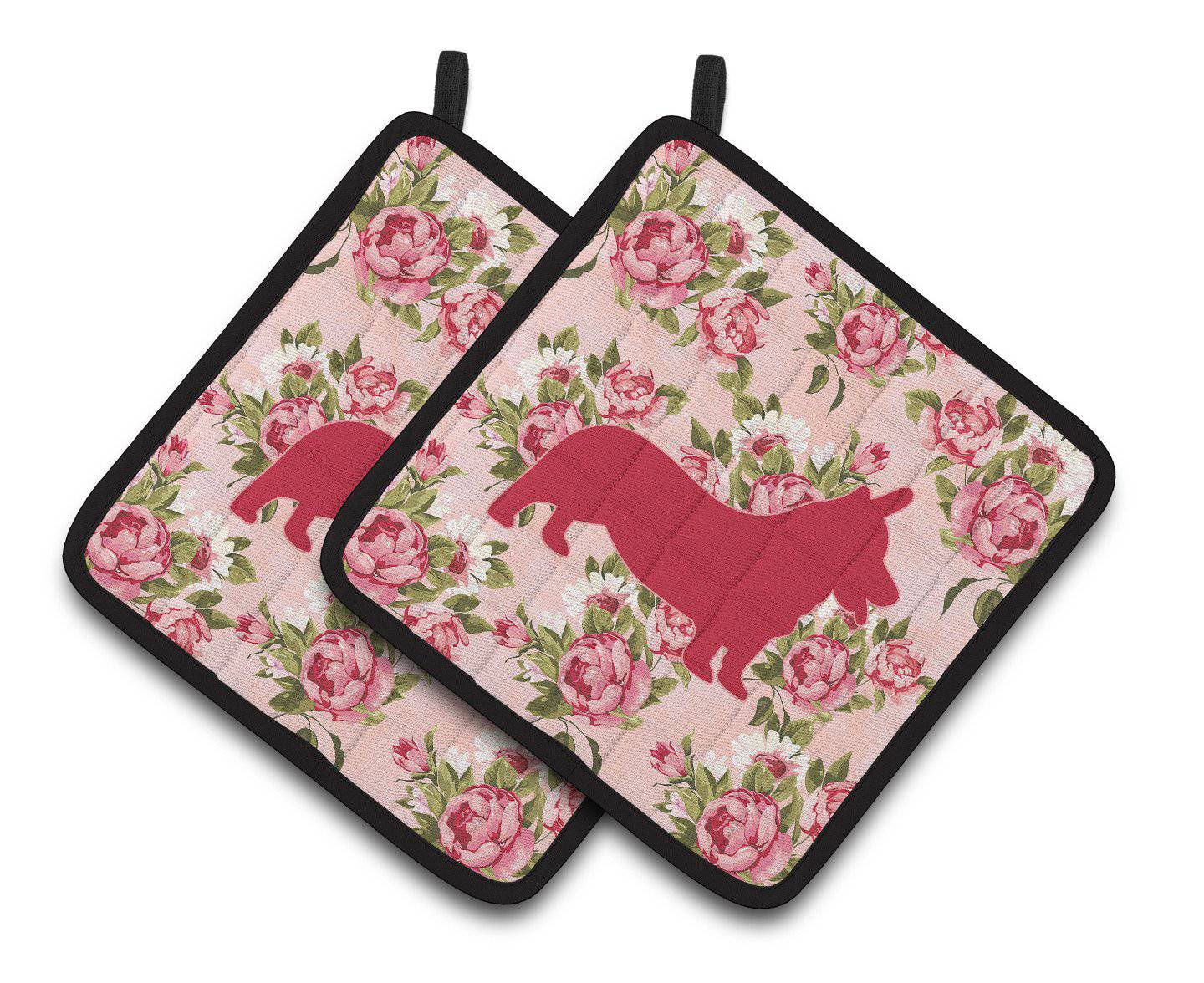 Corgi Shabby Chic Pink Roses  Pair of Pot Holders BB1069-RS-PK-PTHD - the-store.com