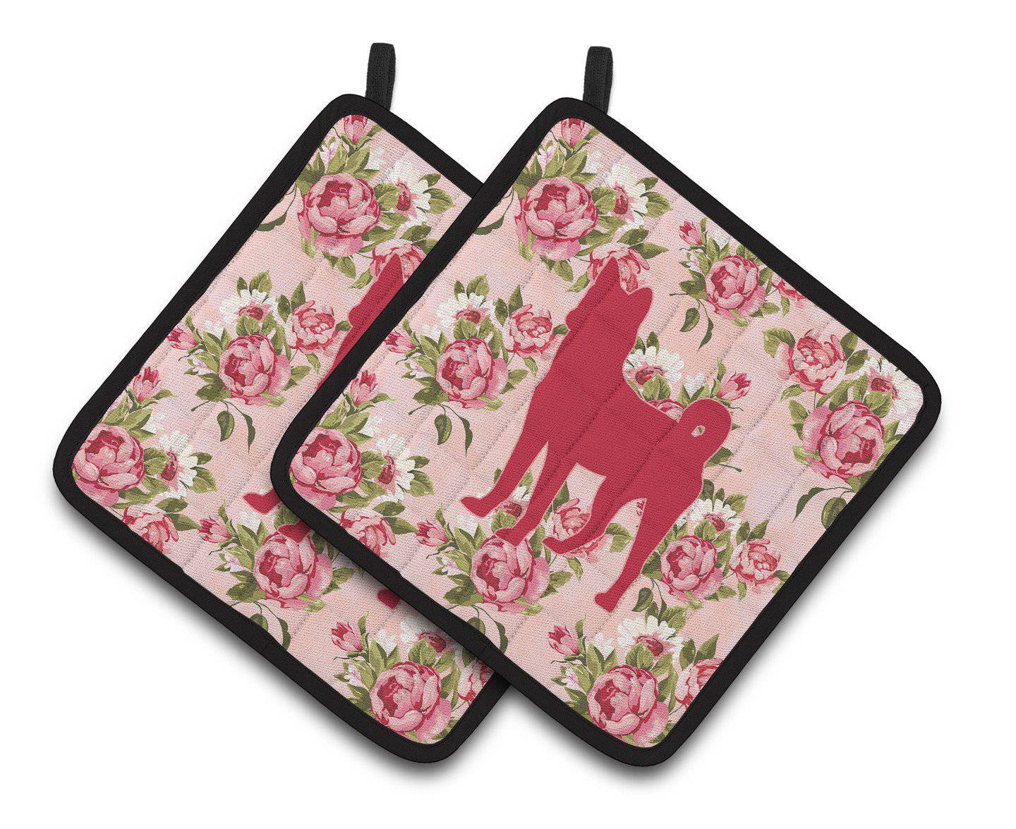 Basenji Shabby Chic Pink Roses  Pair of Pot Holders BB1110-RS-PK-PTHD - the-store.com