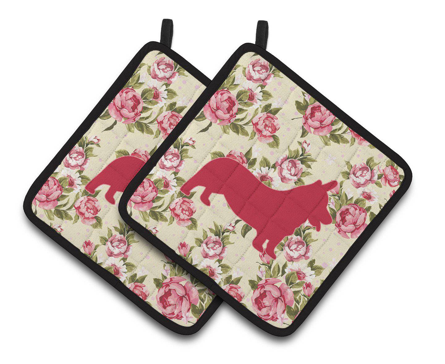 Corgi Shabby Chic Yellow Roses  Pair of Pot Holders BB1069-RS-YW-PTHD - the-store.com