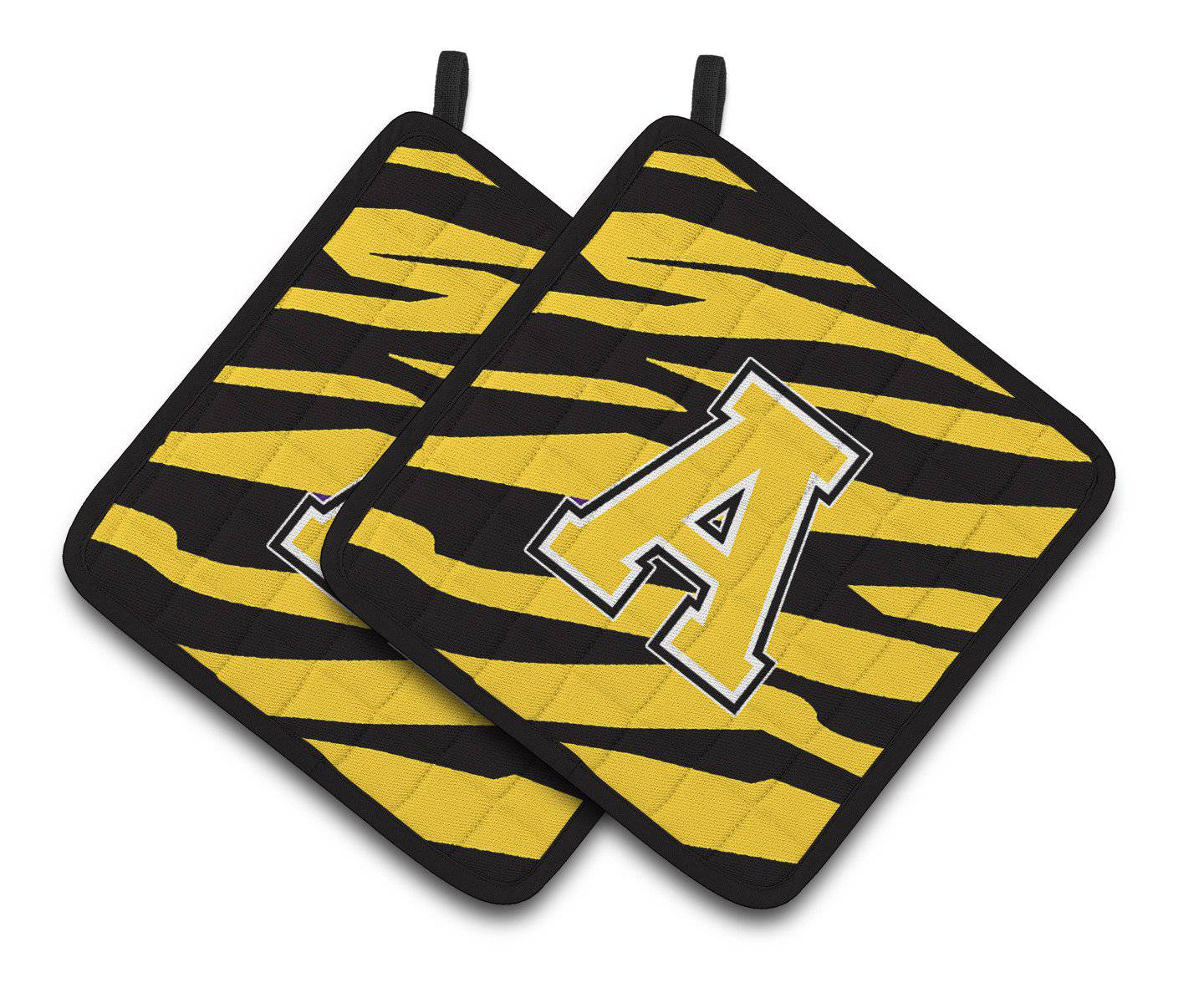 Letter A Monogram - Black Gold Tiger Stripe Pair of Pot Holders CJ1026-APTHD - the-store.com