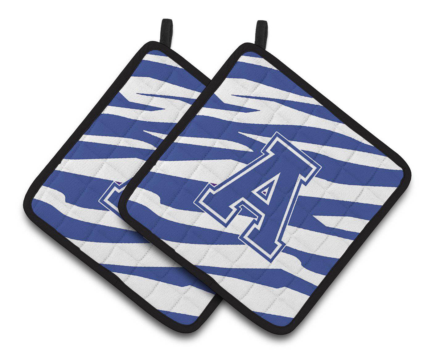 Letter A Monogram - Blue White Tiger Stripe Pair of Pot Holders CJ1034-APTHD - the-store.com