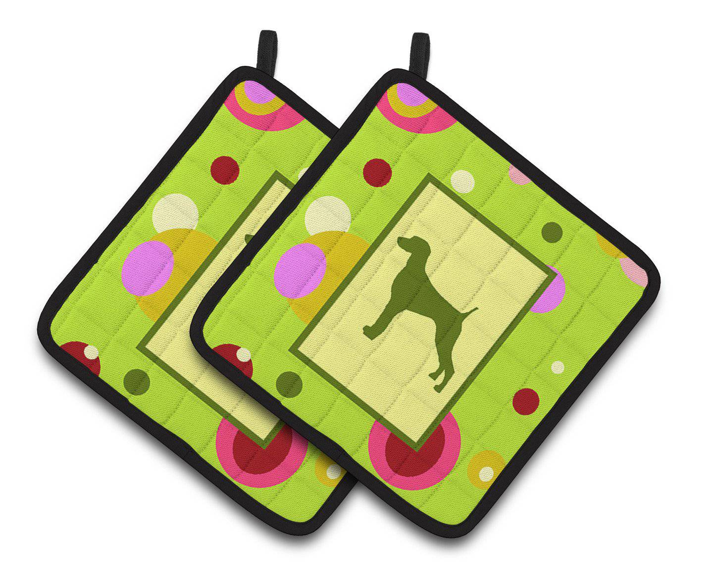 Lime Green Dots Weimaraner Pair of Pot Holders CK1063PTHD - the-store.com