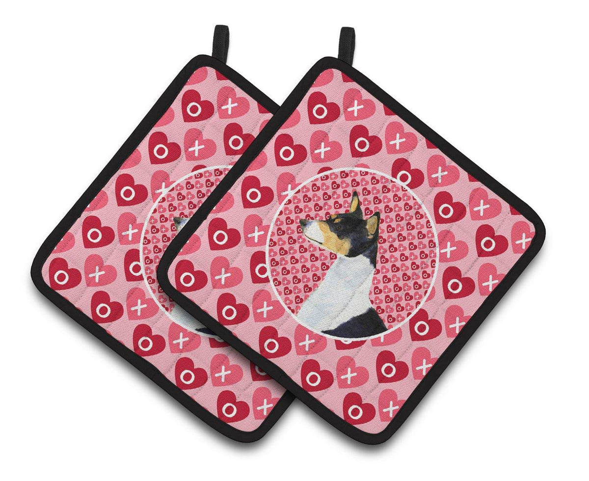 Basenji Hearts Love and Valentine&#39;s Day Portrait Pair of Pot Holders SS4514PTHD - the-store.com