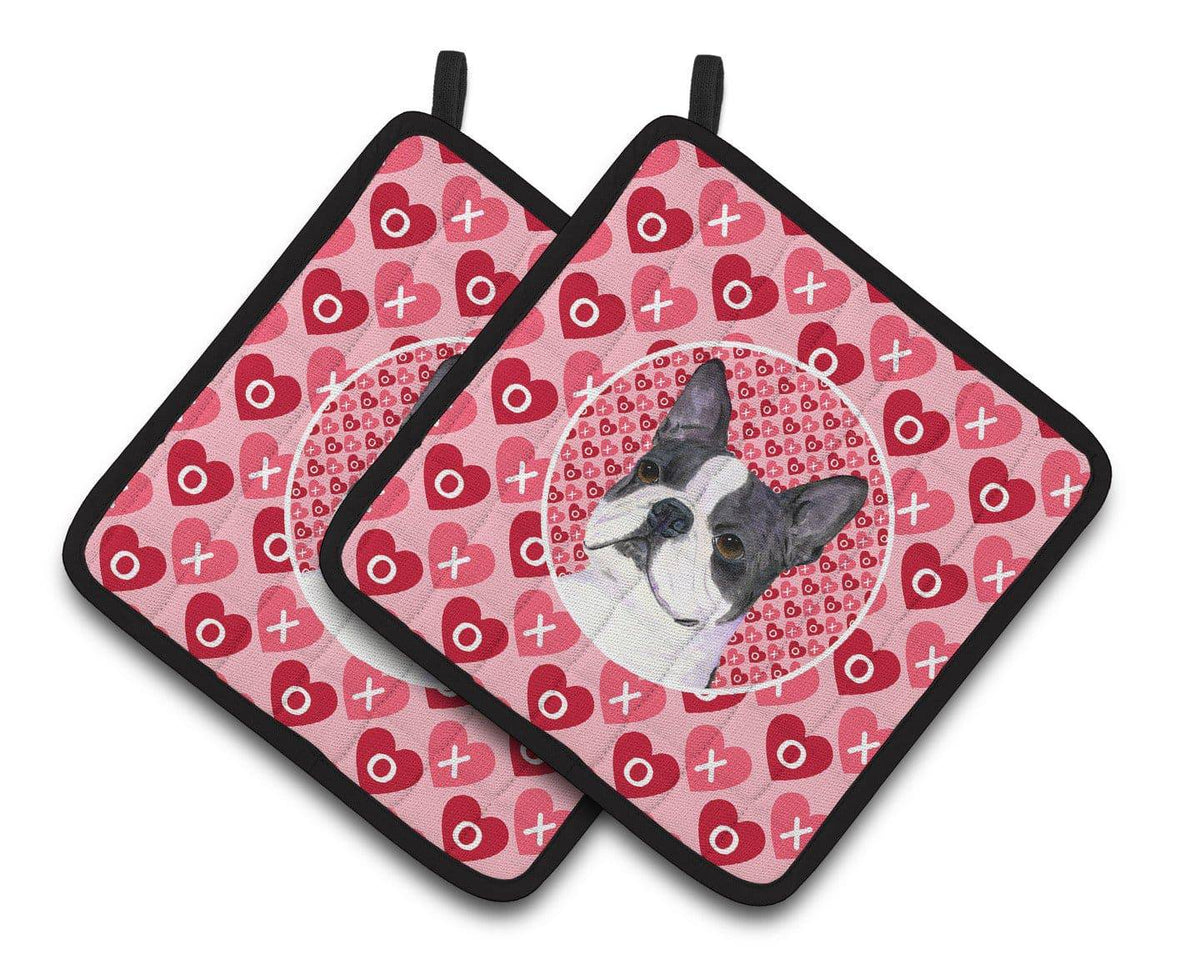 Boston Terrier Hearts Love Valentine&#39;s Day Pair of Pot Holders SS4516PTHD - the-store.com