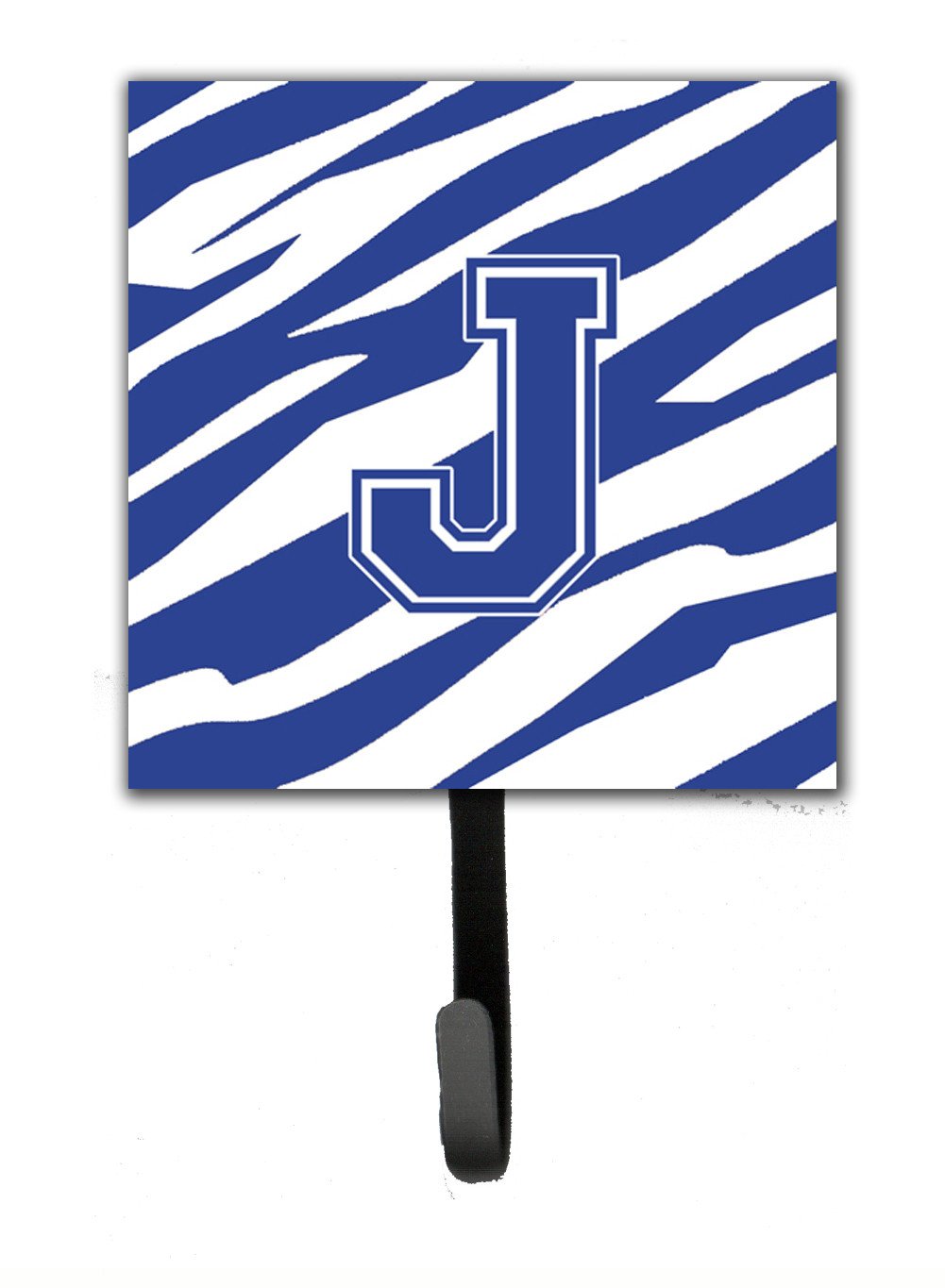 Letter J Initial Tiger Stripe Blue and White Leash Holder or Key Hook by Caroline's Treasures