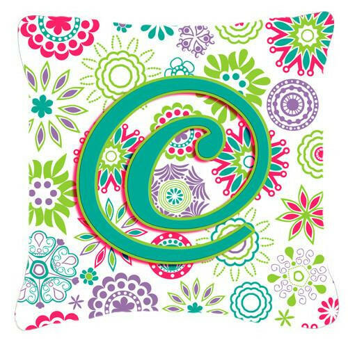 Letter C Flowers Pink Teal Green Initial Canvas Fabric Decorative Pillow CJ2011-CPW1414 by Caroline's Treasures