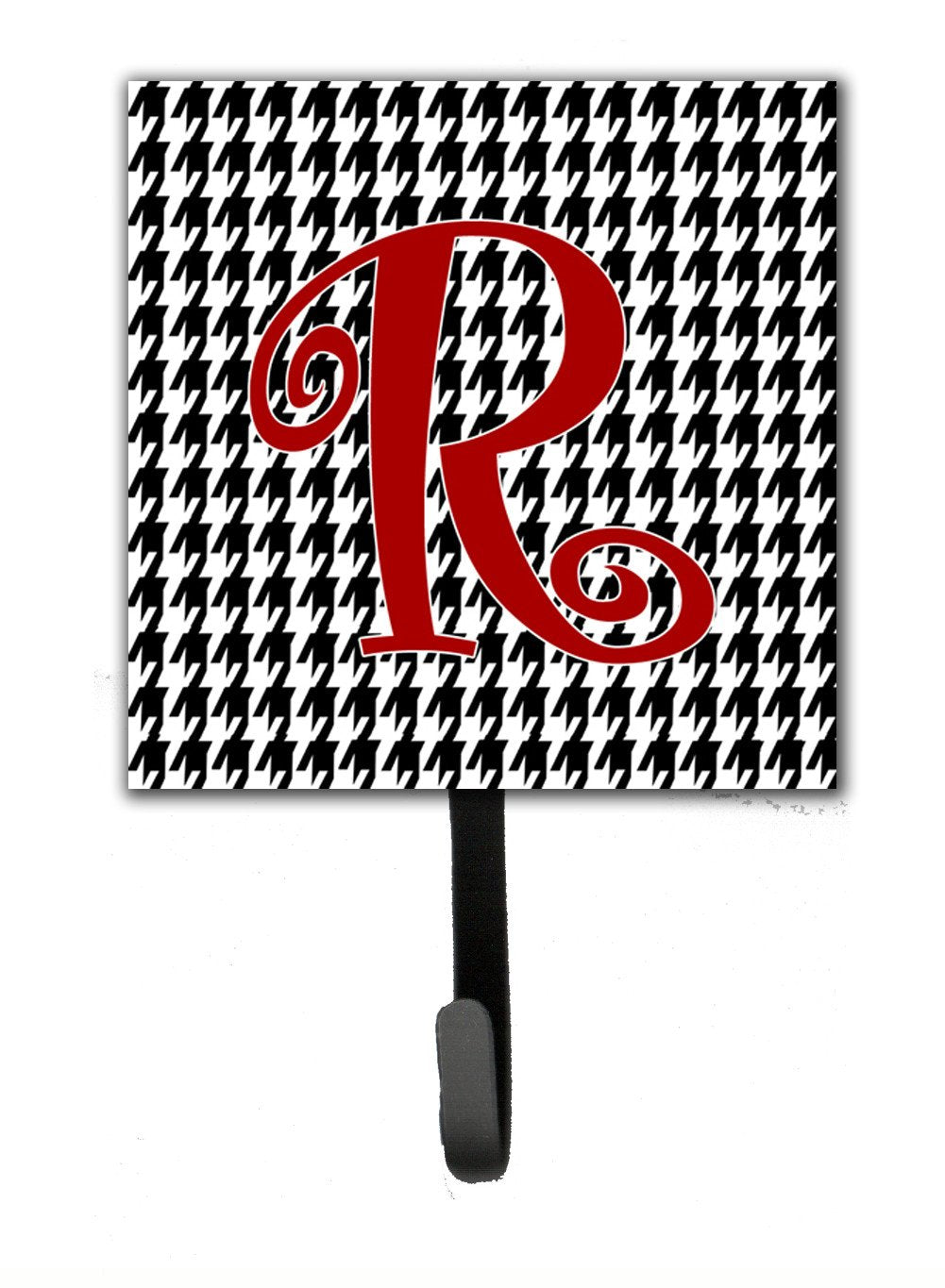 Letter R Initial Monogram - Houndstooth Black Leash Holder or Key Hook by Caroline's Treasures