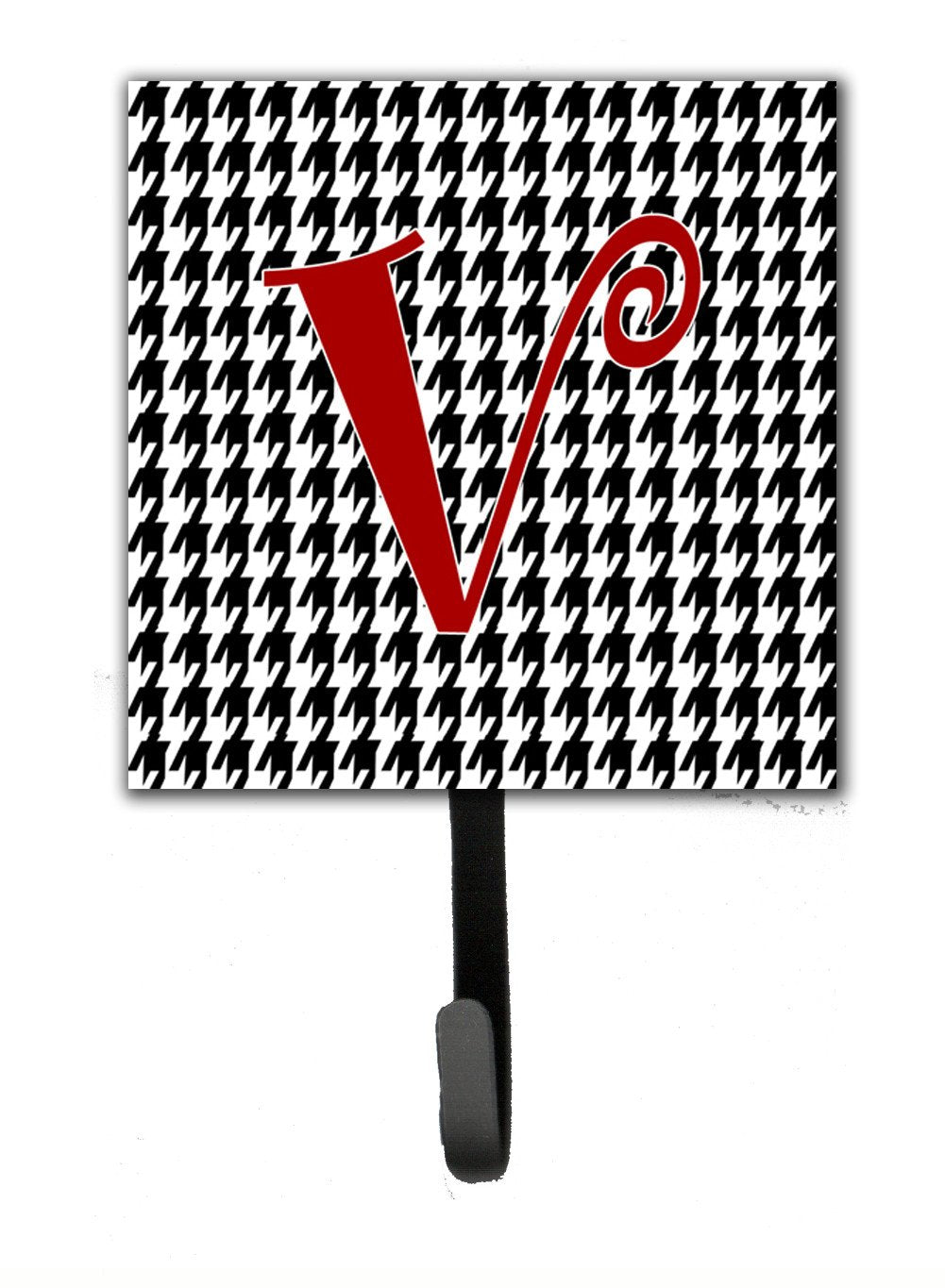 Letter V Initial Monogram - Houndstooth Black Leash Holder or Key Hook by Caroline's Treasures