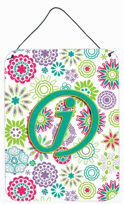 Letter J Flowers Pink Teal Green Initial Wall or Door Hanging Prints CJ2011-JDS1216 by Caroline&#39;s Treasures