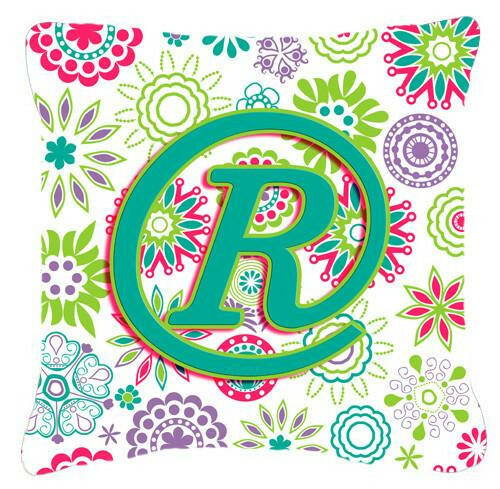 Letter R Flowers Pink Teal Green Initial Canvas Fabric Decorative Pillow CJ2011-RPW1414 by Caroline's Treasures