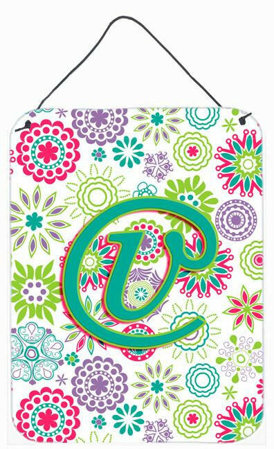 Letter V Flowers Pink Teal Green Initial Wall or Door Hanging Prints CJ2011-VDS1216 by Caroline's Treasures